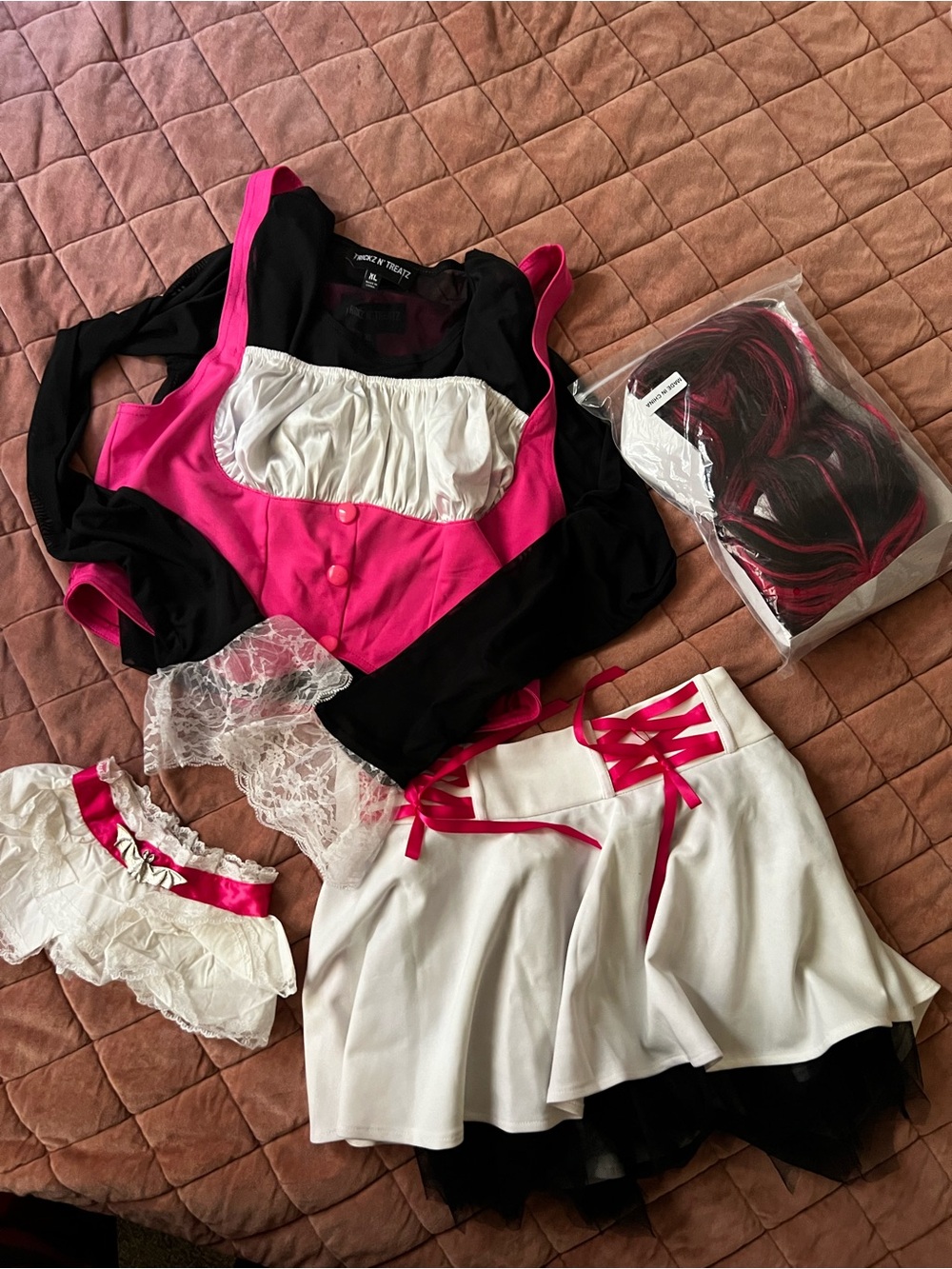 Draculaura Women's Pink & White Lace Trim Costume Set - Corset Top & Skirt